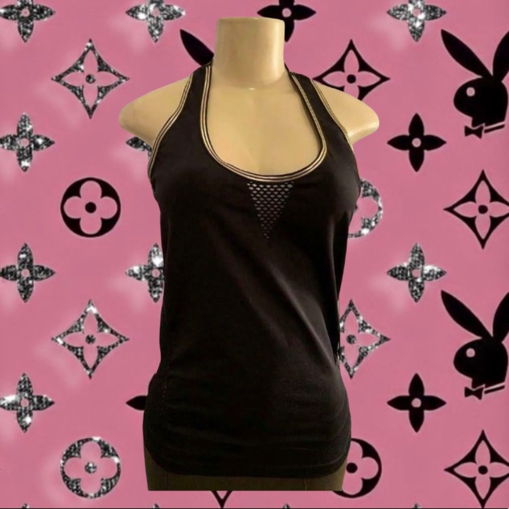 Bebe Sport Black Logo Mesh Sides Gold Trim Open Back Tank Top